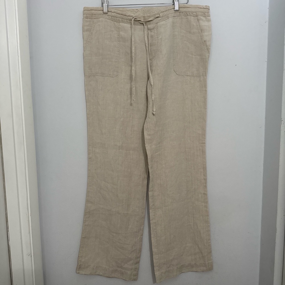 Allen Allen Natural Beige Drawstring Lightweight Linen Pants Summer Classic